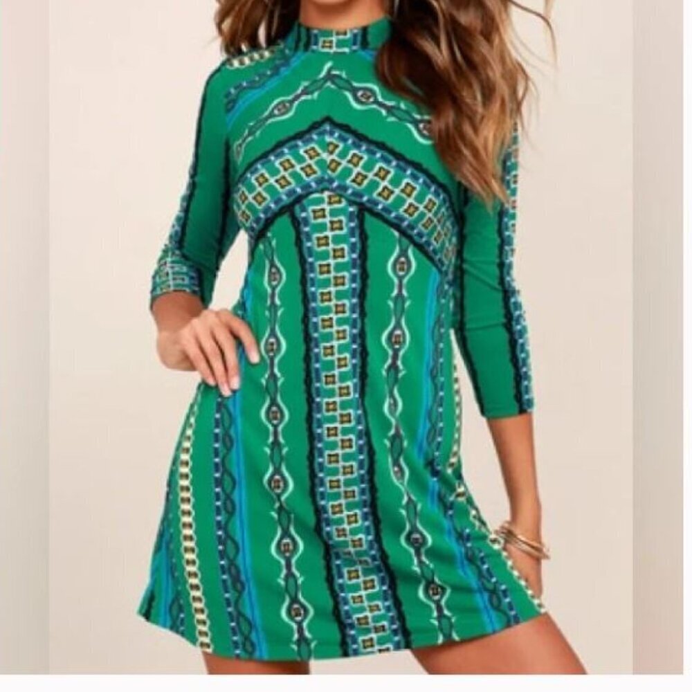 FREE PEOPLE Stella Printed Mini Dress Green Size Large